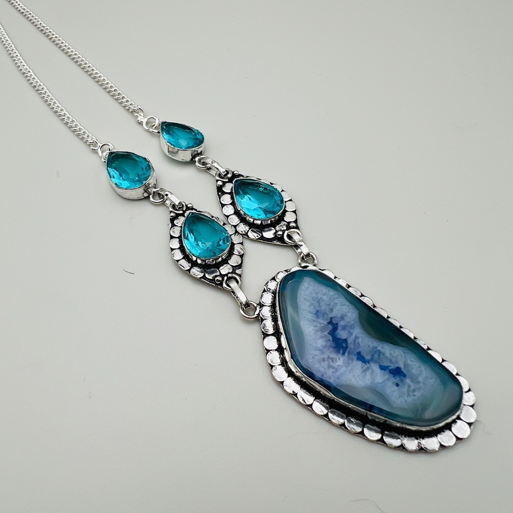 Artisan Blue Agate Necklace Teardrop Blue Crystal Silver Tone Statement Boho